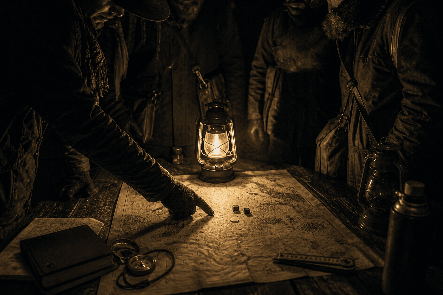 Five hunters in waxed canvas coats clustered around a lantern-lit topographic map at night in a forest clearing, faces lost in hat brims and shadow, a gloved hand pointing at a hex on the map; a brass compass, leather notebook, folding ruler, and a small green-glass jar arranged at the table's edges.