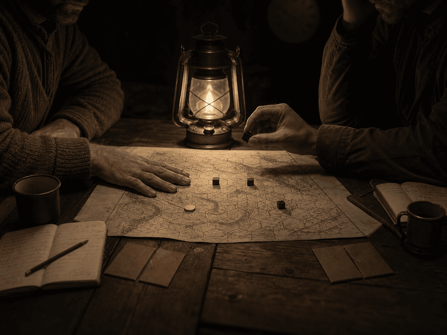 Two hunters seated opposite each other across a lantern-lit hexagonal map, one hand flat on the parchment, the other holding a black wooden cube; folded clue cards, an open notebook, and an enamel cup on the table in deep chiaroscuro.