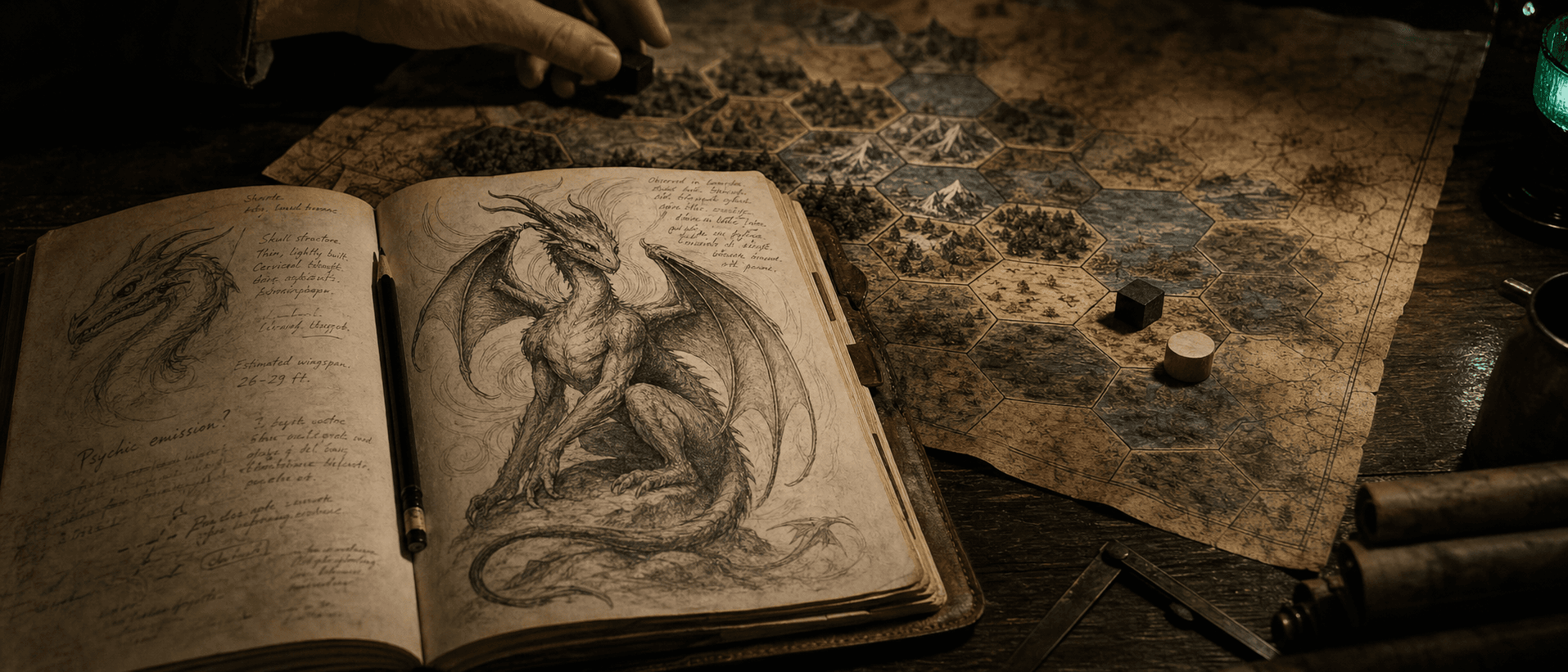 An open naturalist's field journal showing a graphite sketch of a winged dragon-like monster, beside a hand-drawn hexagonal map and wooden game pieces, lit by a single warm lantern.
